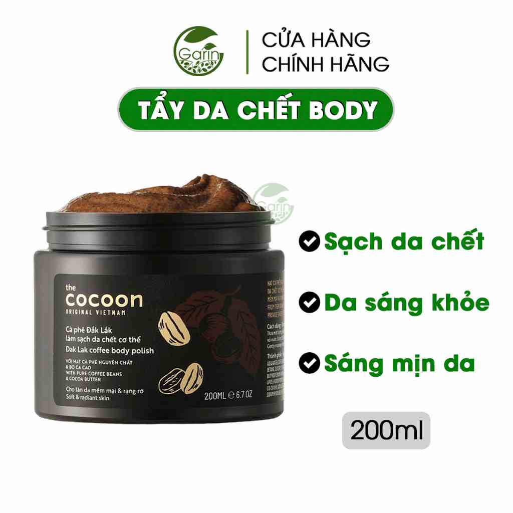 Tẩy tế bào chết body cà phê Đắk Lắk Cocoon Garin 200ml làm sạch da chết cơ thể cho da sáng mịn và đều màu hơn