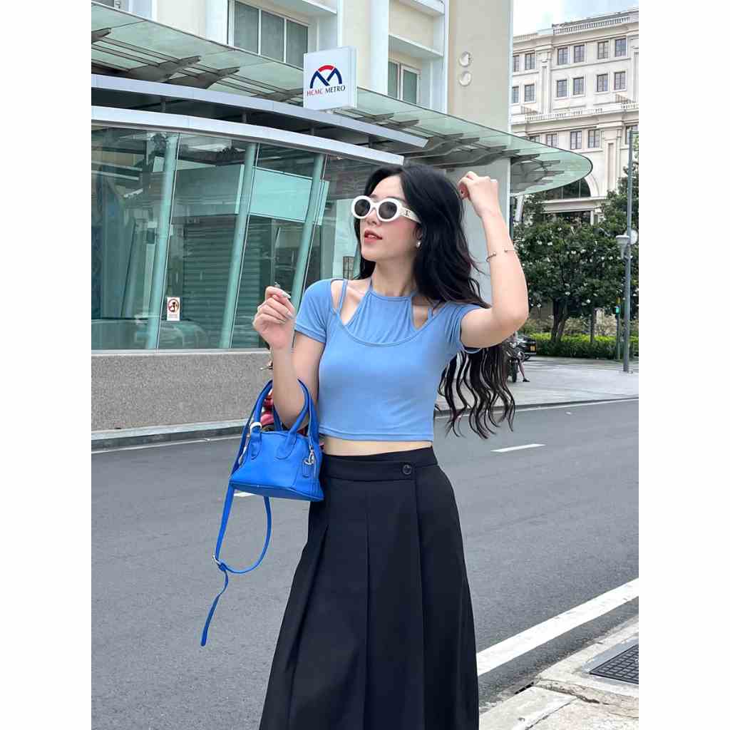 [Mã BMLTB35 giảm đến 35K đơn 99K] Áo thun croptop tay ngắn cutout vai thời trang GAGO màu xanh dương GA4405