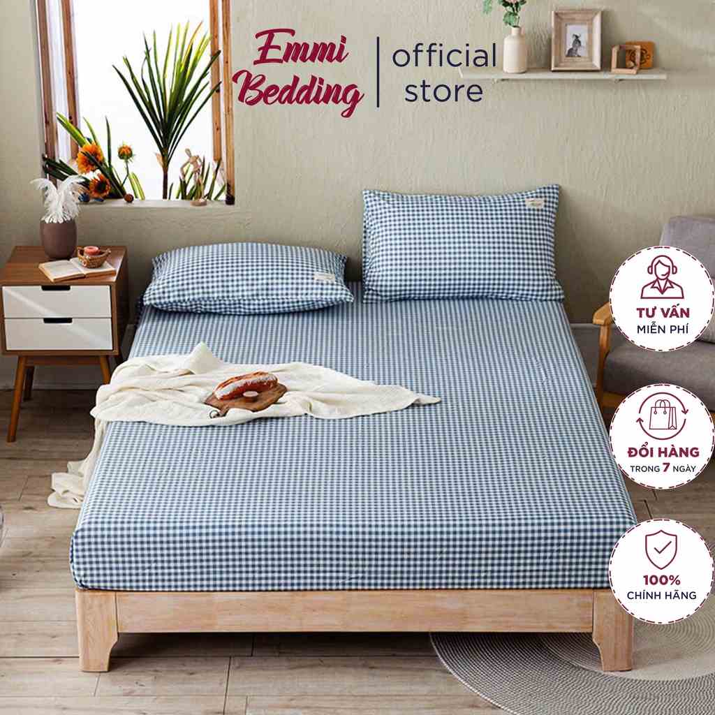 Bộ Ga giường, ga gối TC kẻ xanh dùng cho homestay, nhà nghỉ và decor phòng ngủ EmmiBedding gồm 1 ga và 2 áo gối nằm