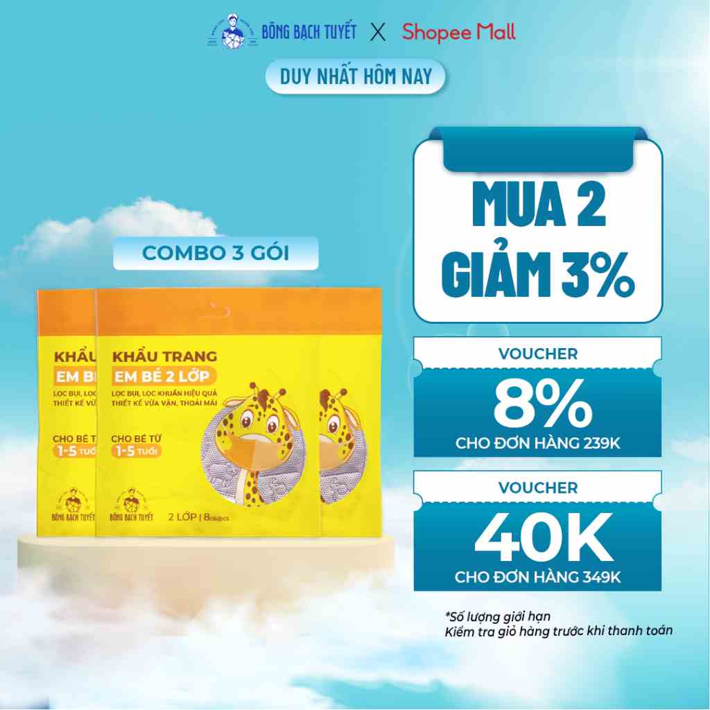 Combo 3 gói Khẩu trang Bông Bạch Tuyết cho trẻ 1 - 5 tuổi (8 cái/gói) (màu hồng)