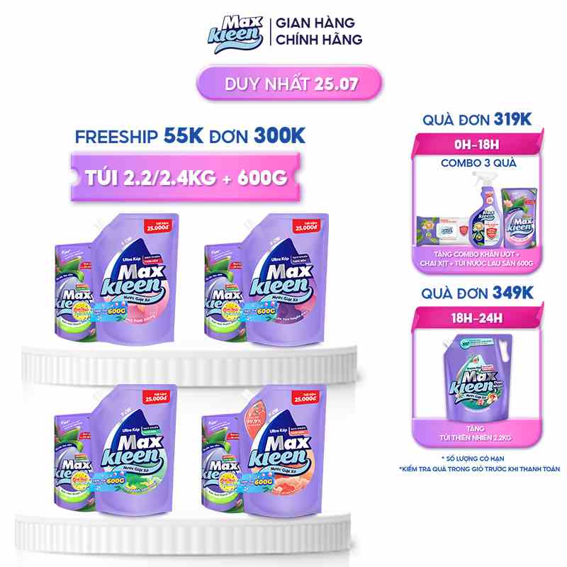 Combo Túi nước giặt xả MaxKleen 2.4kg/2.2kg + Túi nước lau sàn MaxKleen 600g