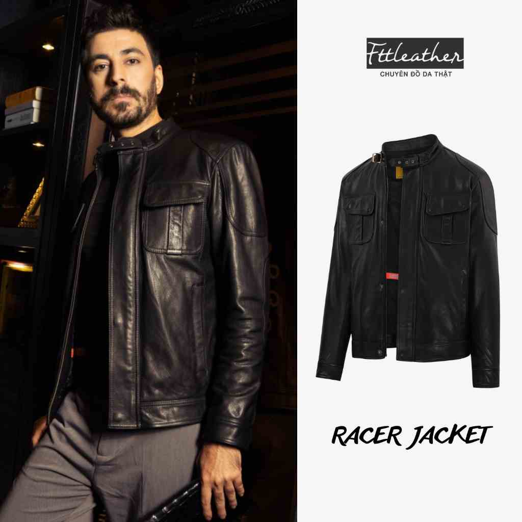 [Mã BMLTA35 giảm đến 35K đơn 99K] Áo khoác da nam Ftt Leather Motor Racer Jacket túi hộp đắp vai màu đen da dê cao cấp