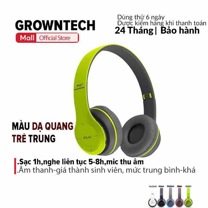 Tai nghe bluetooth chụp tai mini GrownTech P47 có mic thu âm bass to bảo hành 24 tháng