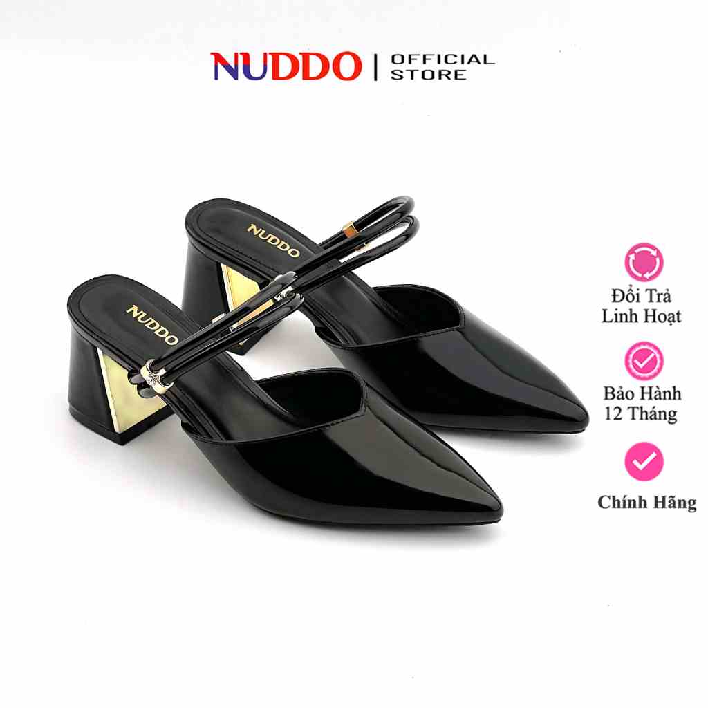 Giày Sục Cao Gót Nữ Mũi Nhọn 7 Phân, Guốc Sandal Nữ Đế Vuông 7cm Da Bóng Thời Trang NUDDO - N046