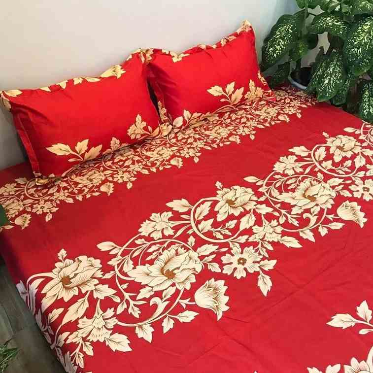 [Mã BMLTB35 giảm đến 35K đơn 99K] Bộ ga gối cotton emmibedding mẫu lá vàng nền đỏ set 3 món 1 ga và 2 vỏ gối nằm