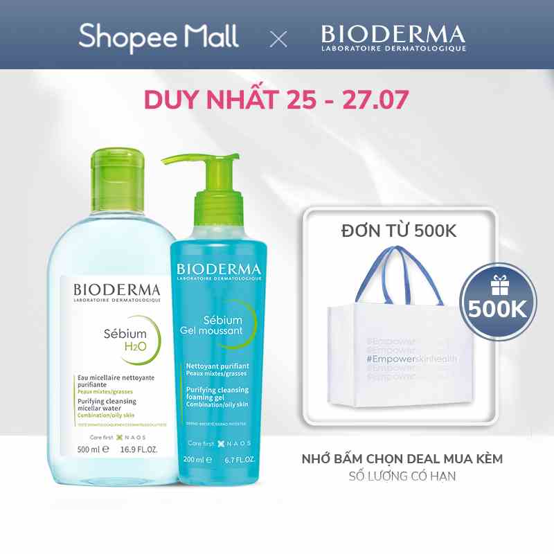 Bộ nước tẩy trang và làm sạch công nghệ Micellar cho da dầu, mụn Bioderma Sebium H2O 500ml và Gel rửa mặt tạo bọt 200ml