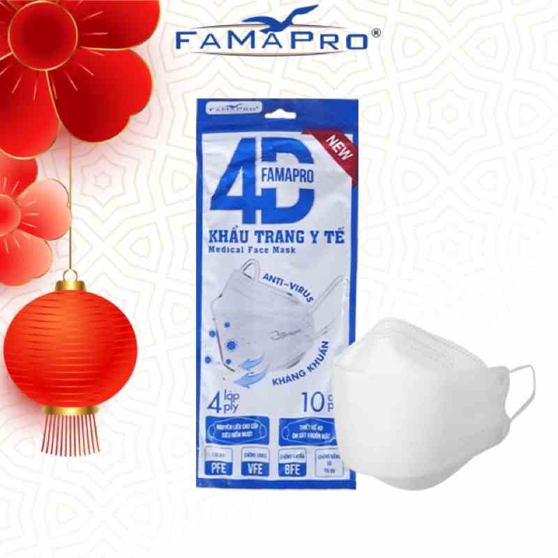 Túi 4D tiêu chuẩn Khẩu trang y tế Famapro KF94 4 lớp kháng khuẩn 10 cái/Bịch