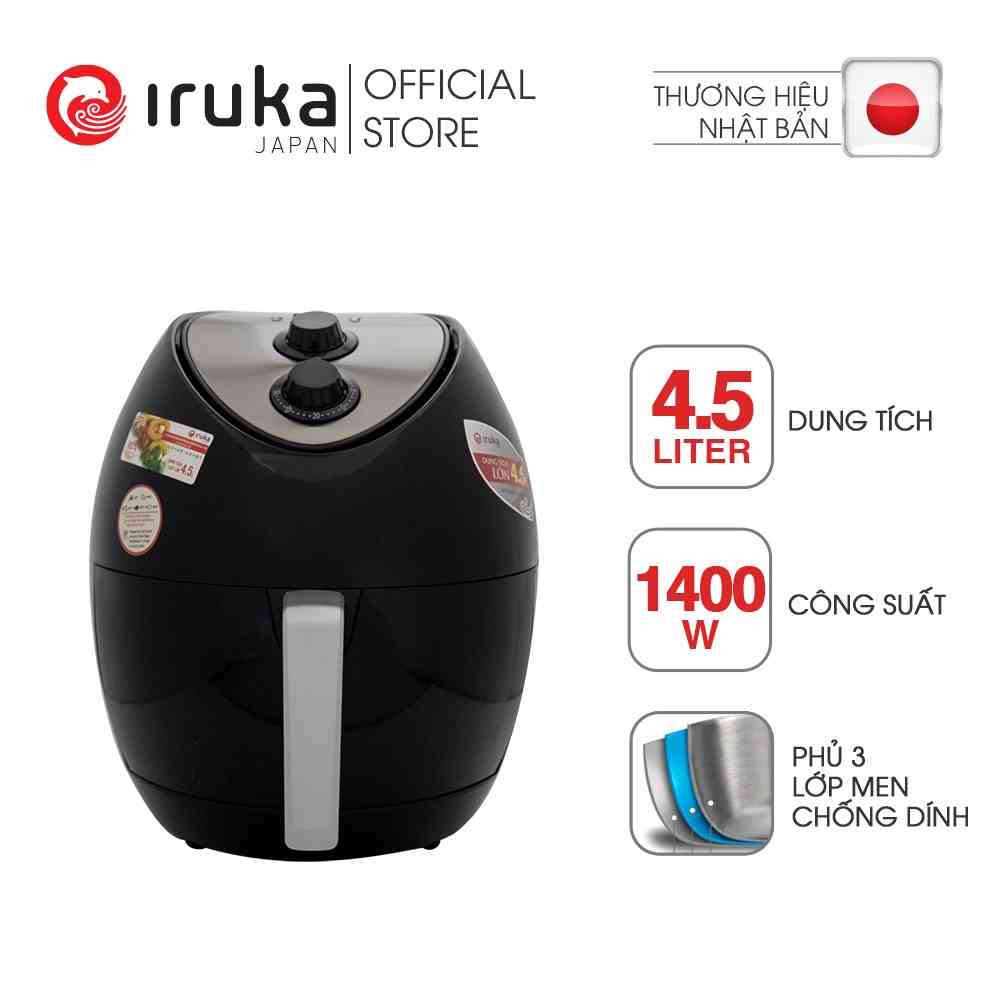 Nồi chiên không dầu Iruka I68 Đen 4.5L cho gia đình 4-6 người, công suất 1800W, bảo hành chính hãng