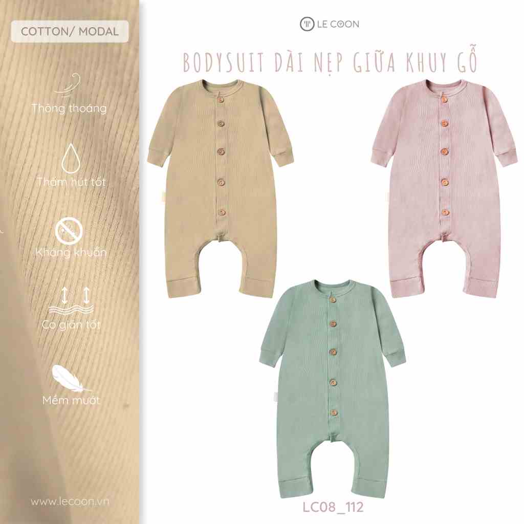 [Mã BMLT30 giảm đến 30K đơn 299K] LE COON | Bodysuit Dài Nẹp Giữa Khuy Gỗ | 0-18 tháng