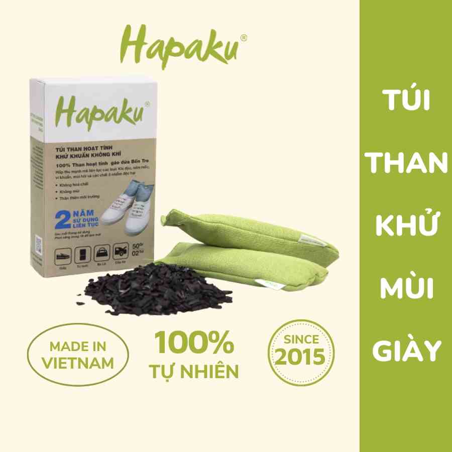 Túi than hoạt tính khử mùi giày - 100% từ gáo dừa Bến Tre (Hộp 2 túi) - Hapaku