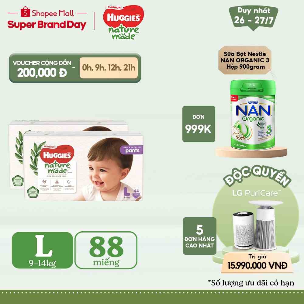 [HUGFEB15 -10% max 60k đơn 400k] Combo 2 Tã Quần Huggies Platinum Nature Made L44