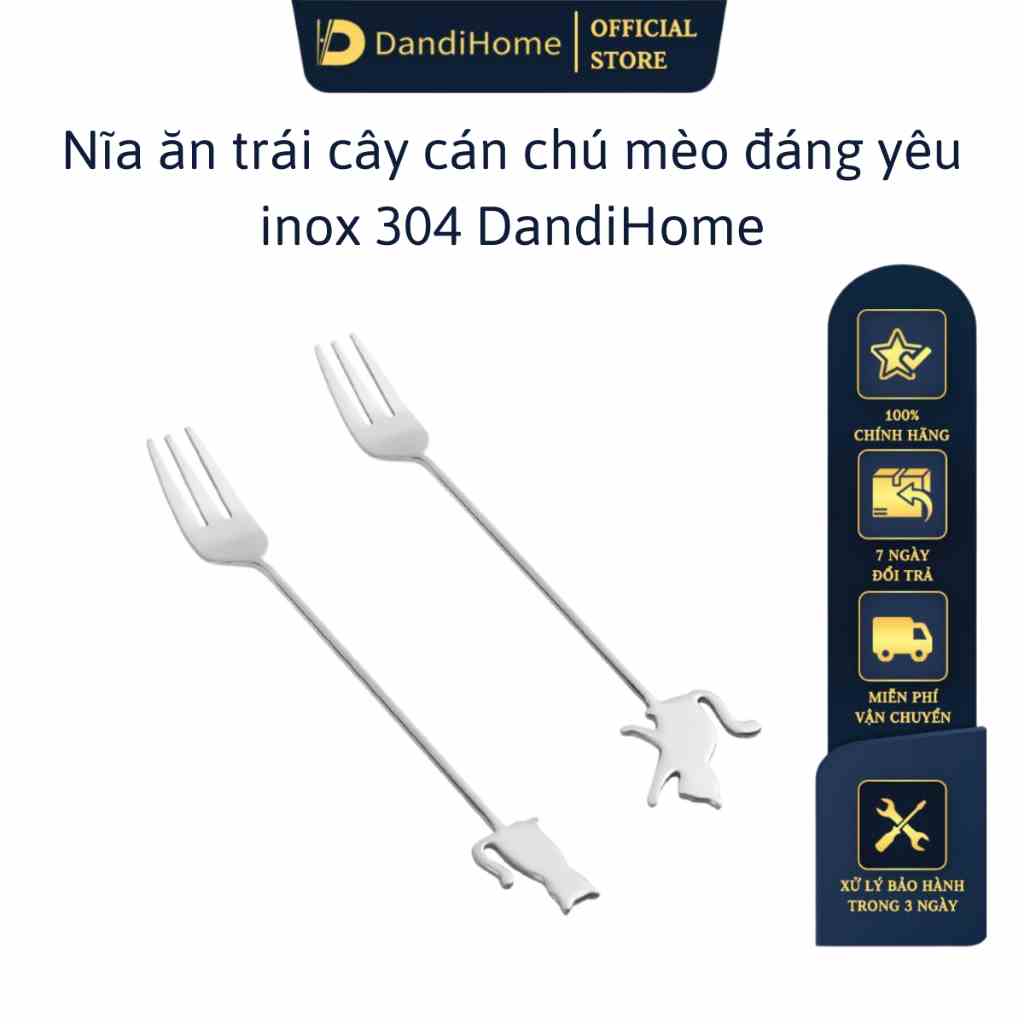 Nĩa/dĩa ăn trái cây, hoa quả, bánh kem inox 304 DandiHome hoạt hình dễ thương hình chú mèo