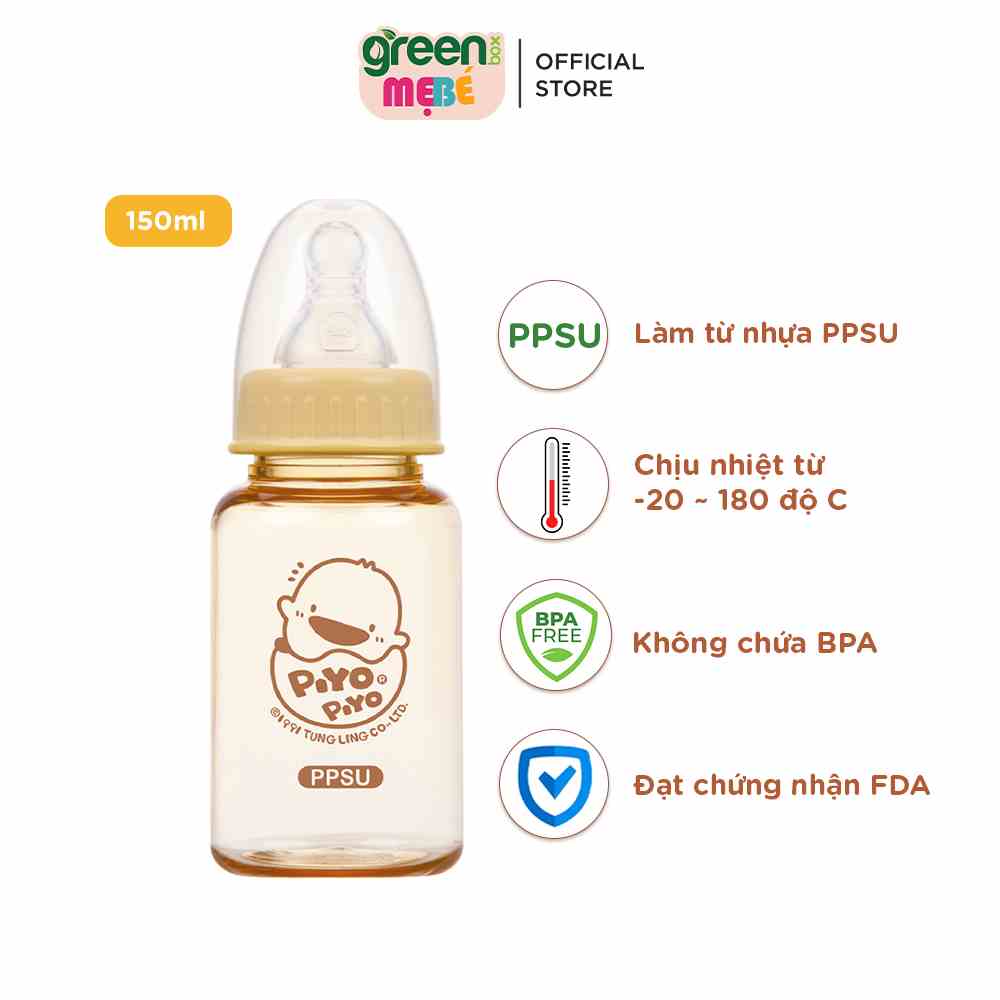 Bình sữa cổ tiêu chuẩn Piyo Piyo 150ml nhựa PPSU chịu nhiệt tới 180 độ, núm ty chống đầy hơi