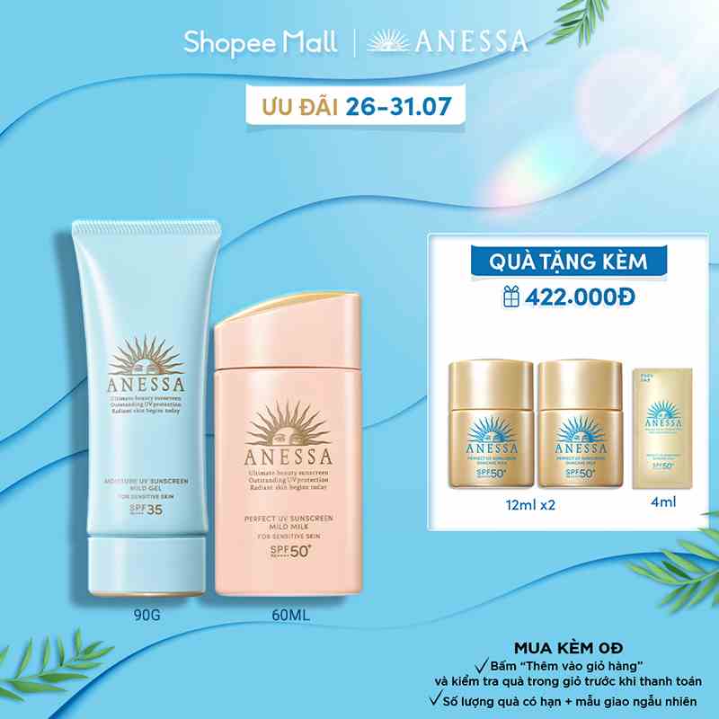 Bộ đôi kem chống nắng Anessa dịu nhẹ an toàn cho da nhạy cảm 60ml & trẻ em Mild Milk - Anessa Mild Gel 90g