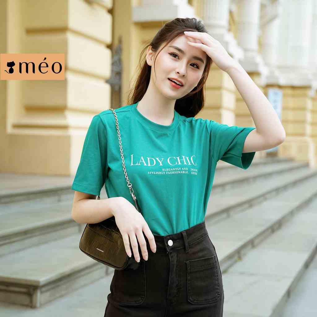 Áo thun tay lỡ Méo shop cổ tròn cotton in chữ Lady Chic freesize form rộng