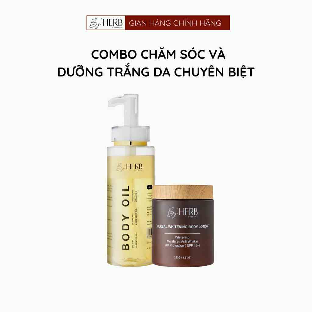 Combo Dưỡng Trắng Da Body Herbal Whitening Body Lotion 250g và Dầu Dưỡng Da Body Oil Bha ByHERB 250ml