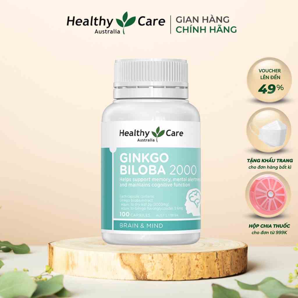 Bổ Não Ginkgo Biloba 100 Viên Healthy care Úc 2000mg Cải Thiện Trí Nhớ