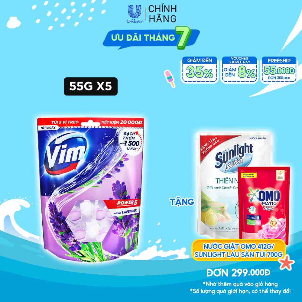 Combo 5 Bộ Viên tẩy bồn cầu Vim Power 5 Hương Lavender 55G x 5