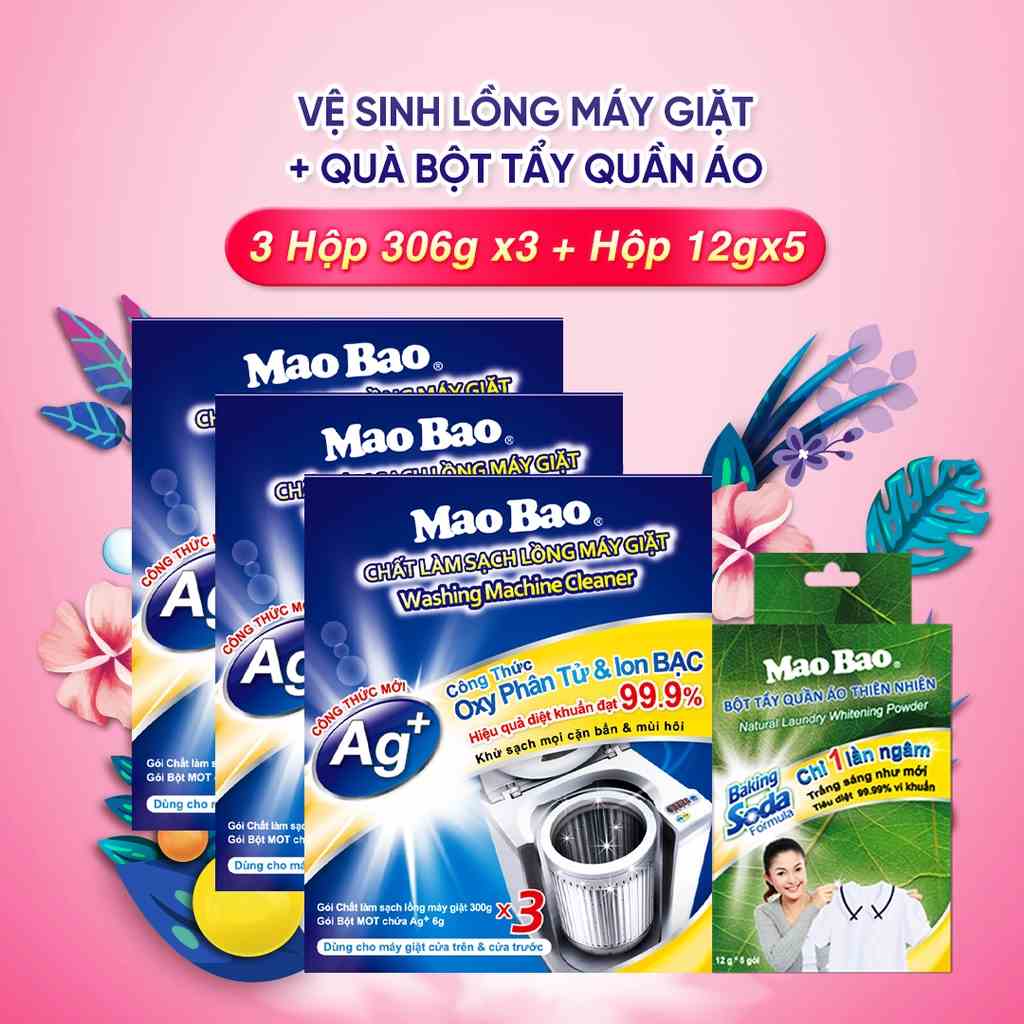 Combo 3 Hộp Chất Vệ Sinh Lồng Máy Giặt Mao Bao 306g x3 gói /1hộp - Tặng Bột Tẩy Quần Áo thiên nhiên hộp 12g x 5 gói /hộp