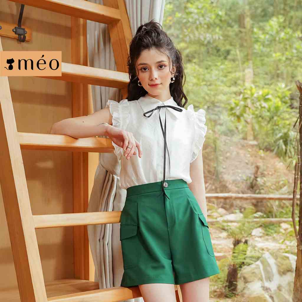 Áo kiểu nữ Méo shop không tay có nơ cổ sơ mi nhún bèo Inlie