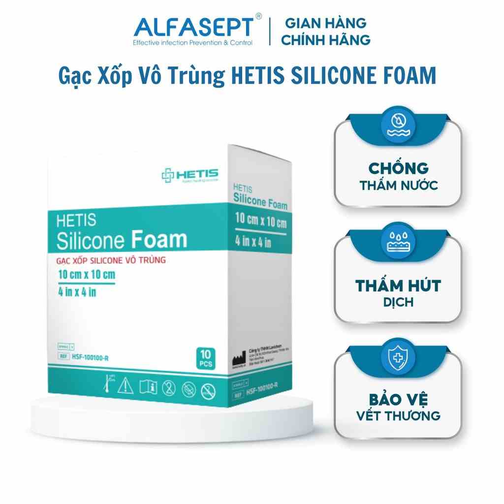 Hộp 10 Miếng Gạc Xốp Vô Trùng HETIS SILICONE FOAM Ngăn Nước, Bảo Vệ Vết Thương Khỏi Vi Sinh Vật Xâm Nhập