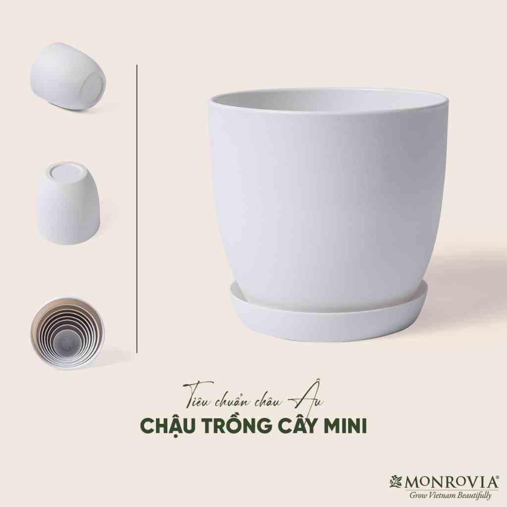 Chậu trồng cây MONROVIA cao cấp màu trắng decor trang trí cho hoa, cây cảnh, ban công, bonsai, nhập khẩu