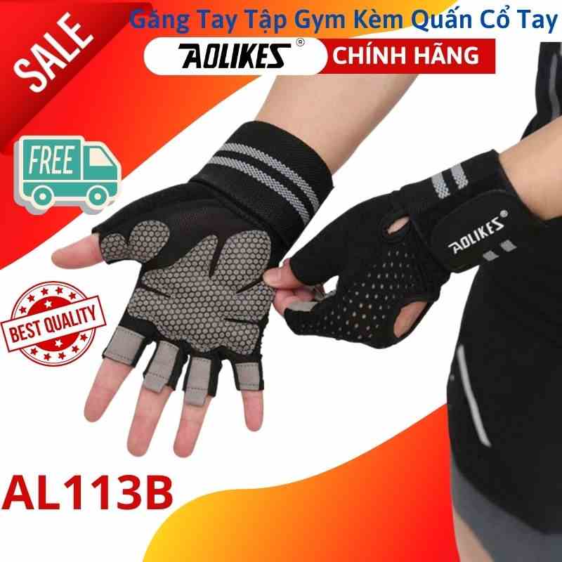 Găng Tay Nửa Ngón Tập Gym, Tập Tạ Tích Hợp Quấn Cổ Tay Aolikes AL113B 113 AL113 (1 đôi) - Chính Hãng Aolikes