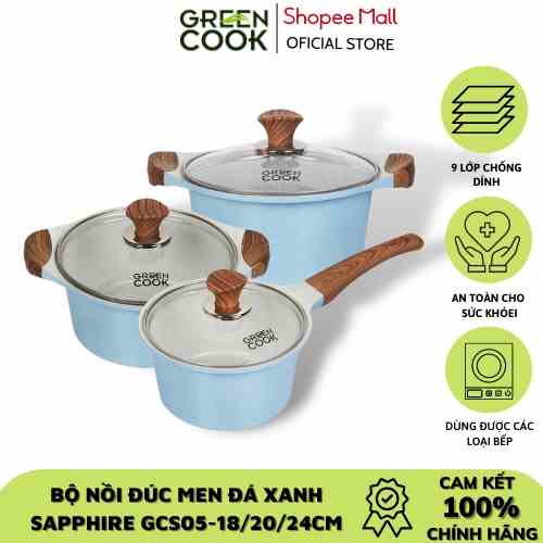 Bộ 3 nồi đúc men đá xanh Sapphire tay cầm chống bỏng đáy từ 18 cm, 20 cm và 24 cm Green Cook GCS09 màu xanh dương, dùng