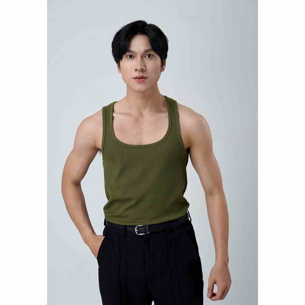 Áo Thun Ba Lỗ Tank Top Nam Màu Xanh Rêu Cổ Vuông Cotton Gân Thương Hiệu Mr Twins