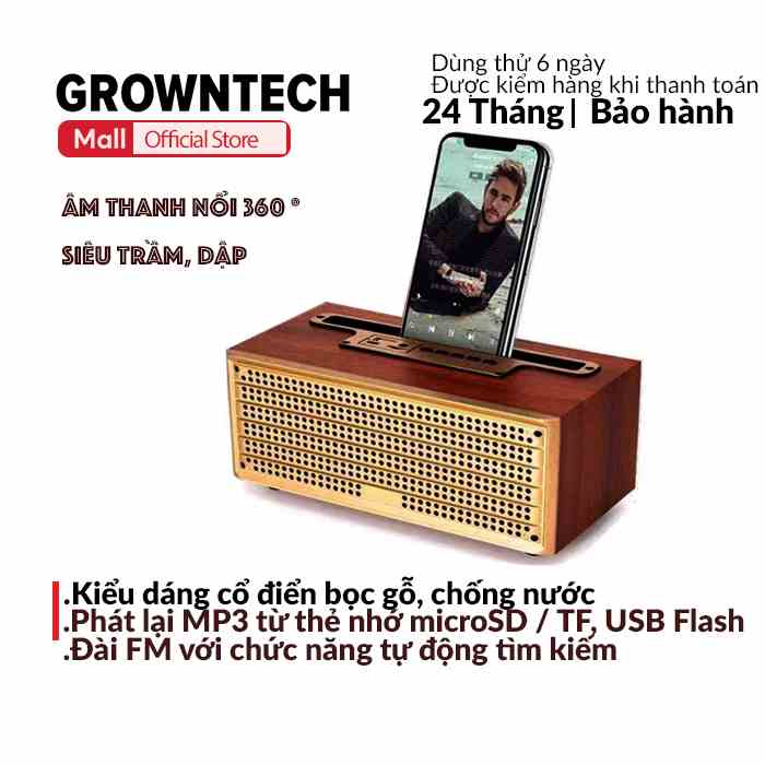 Loa bluetooth GROWNTECH XM 505 Bass mạnh, công suất lớn siêu trầm,thiết kế vỏ gỗ dạng thanh để bàn có giá đỡ điện thoại