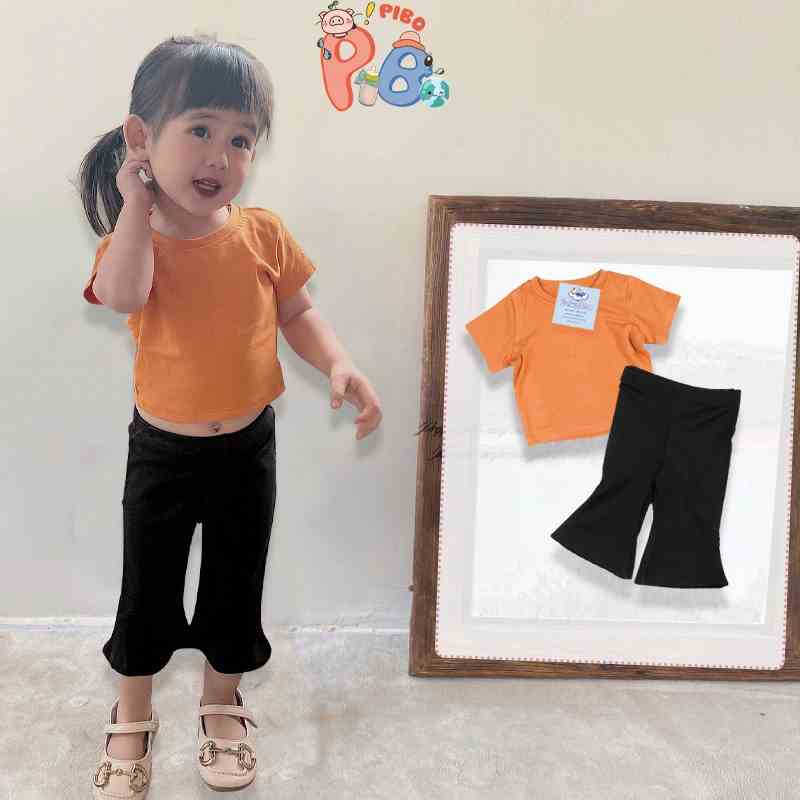 Áo Croptop Cộc Tay Bé Gái Quần Lửng Ống Loe Vải Zip Cao Cấp - BabyBoo- PiBo