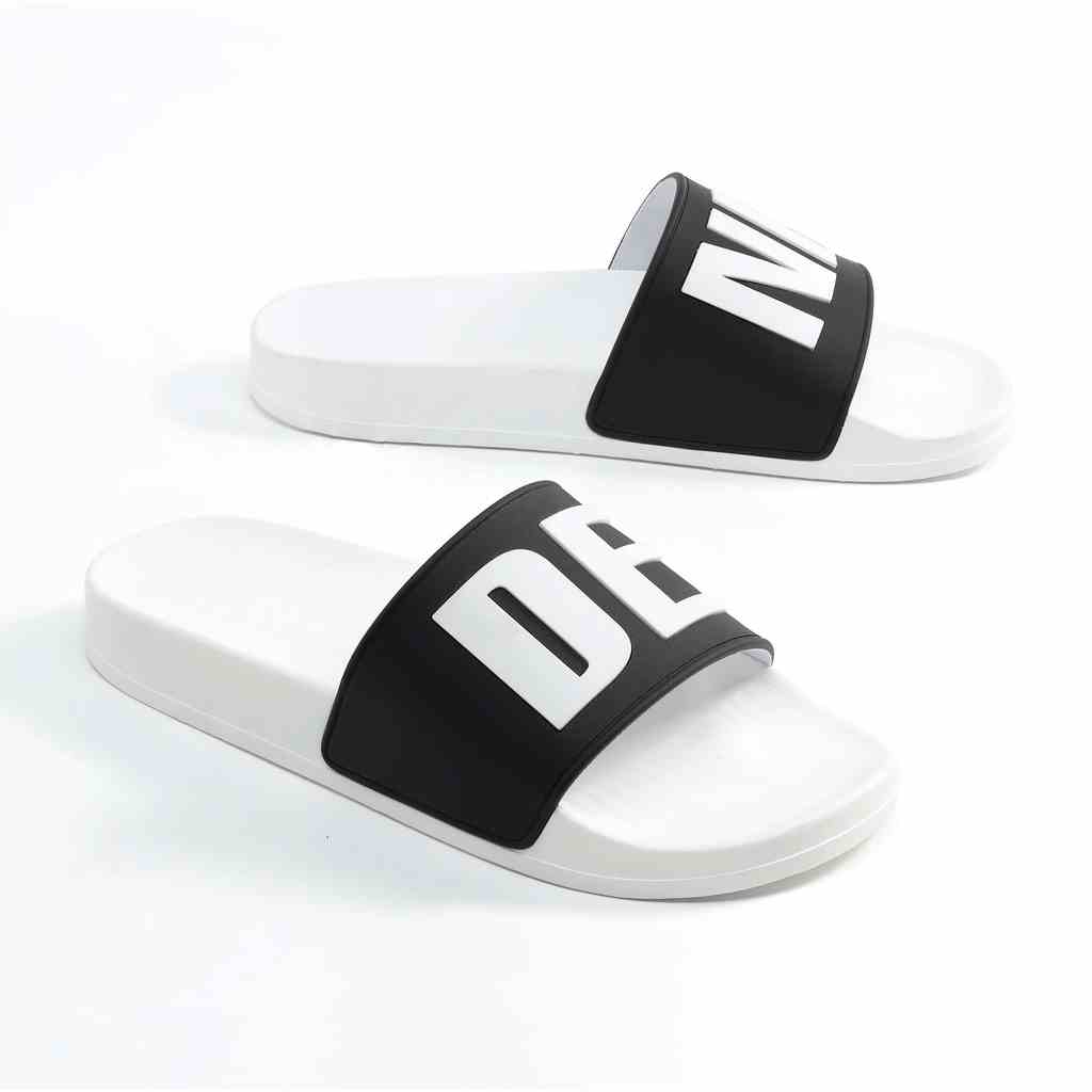 Dép quai ngang Denis CT04 Unisex Slipper Quai Đen chữ to màu trắng Đế trắng Basic