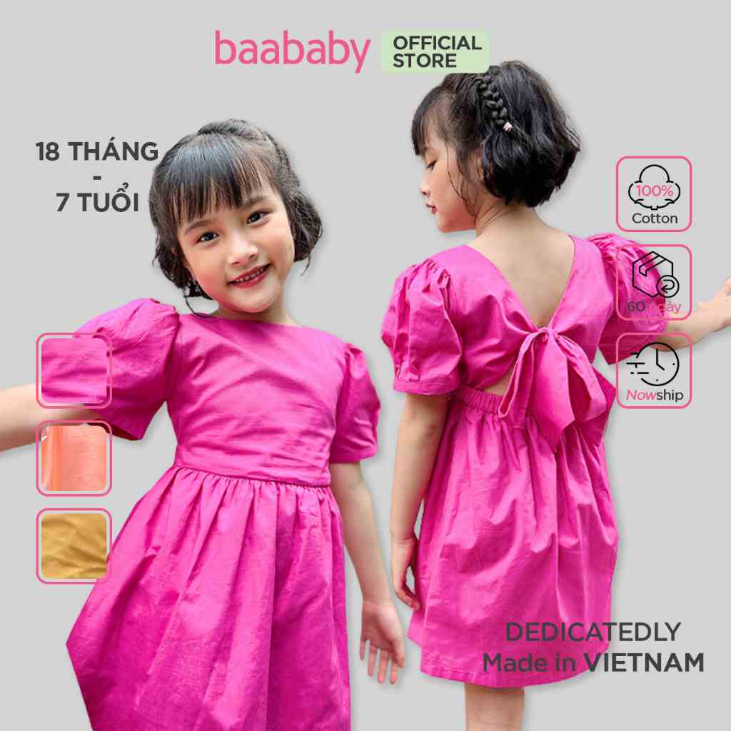 Váy đầm cho bé, Váy line tay phồng cột nơ bé gái từ 4 tuổi - 10 tuổi, đầm bé gái công chúa Baa Baby