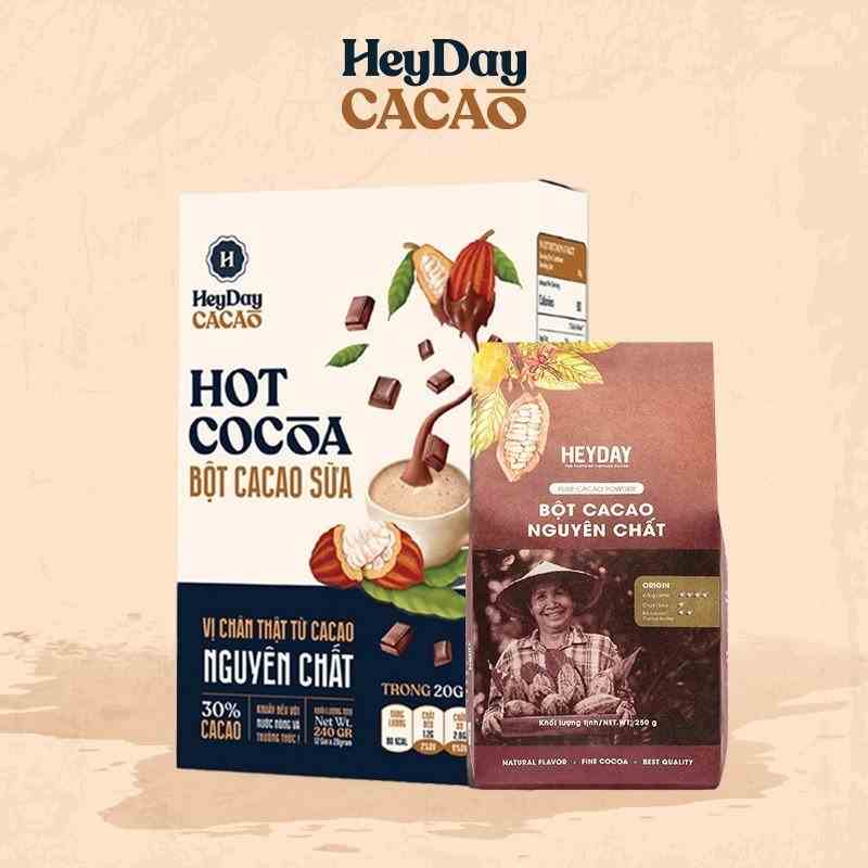 Combo Hộp 12 gói tiện lợi bột cacao sữa Heyday và Bột cacao nguyên chất dòng Origin thượng hạng túi 250g