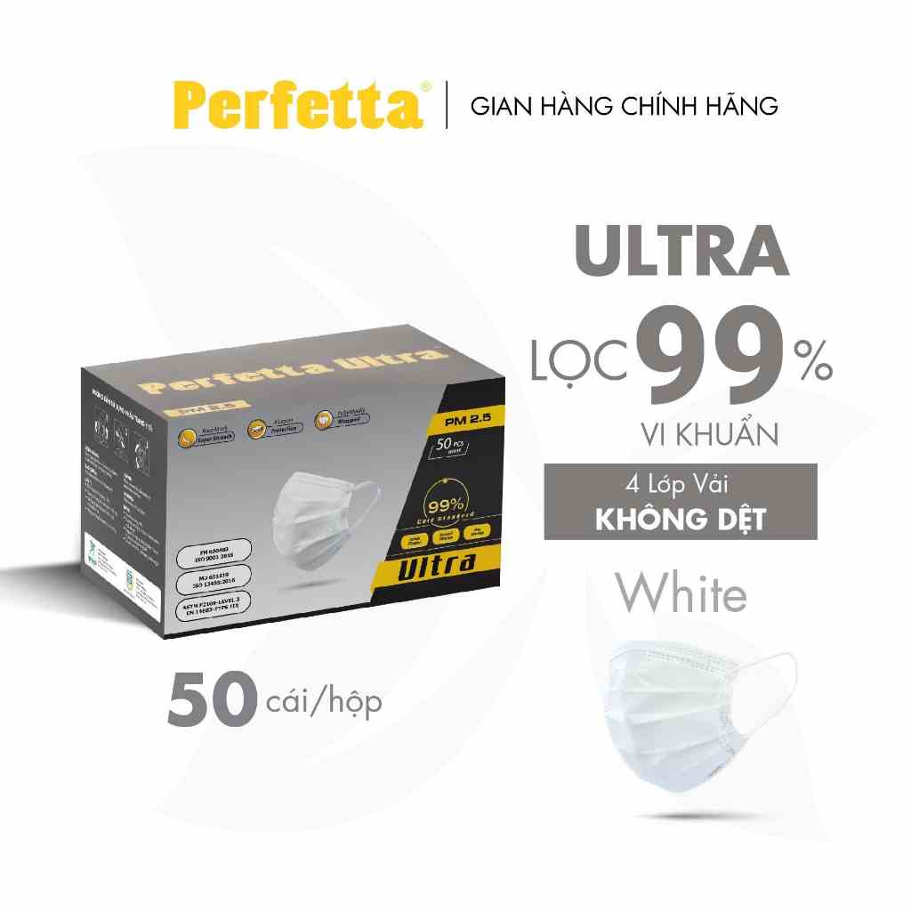 [Mã BMLTB35 giảm đến 35K đơn 99K] [HÀNG XUẤT KHẨU] Khẩu trang y tế 4 lớp Perfetta Ultra Trắng/Xanh (50 Cái/Hộp)