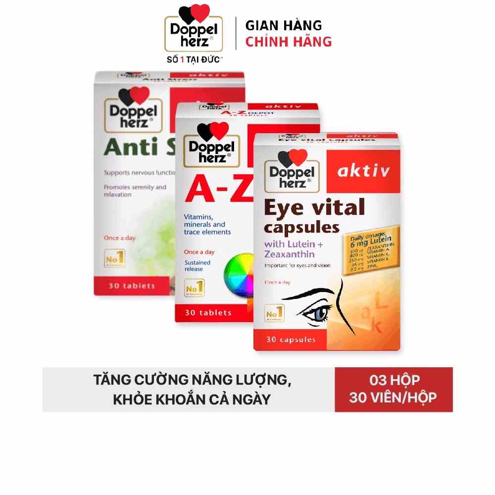 Combo bổ sung vitamin, hỗ trợ thị lực, giảm căng thẳng Doppelherz A Z Depot + Eye Vital + Anti Stress (03 hộp 30 viên)