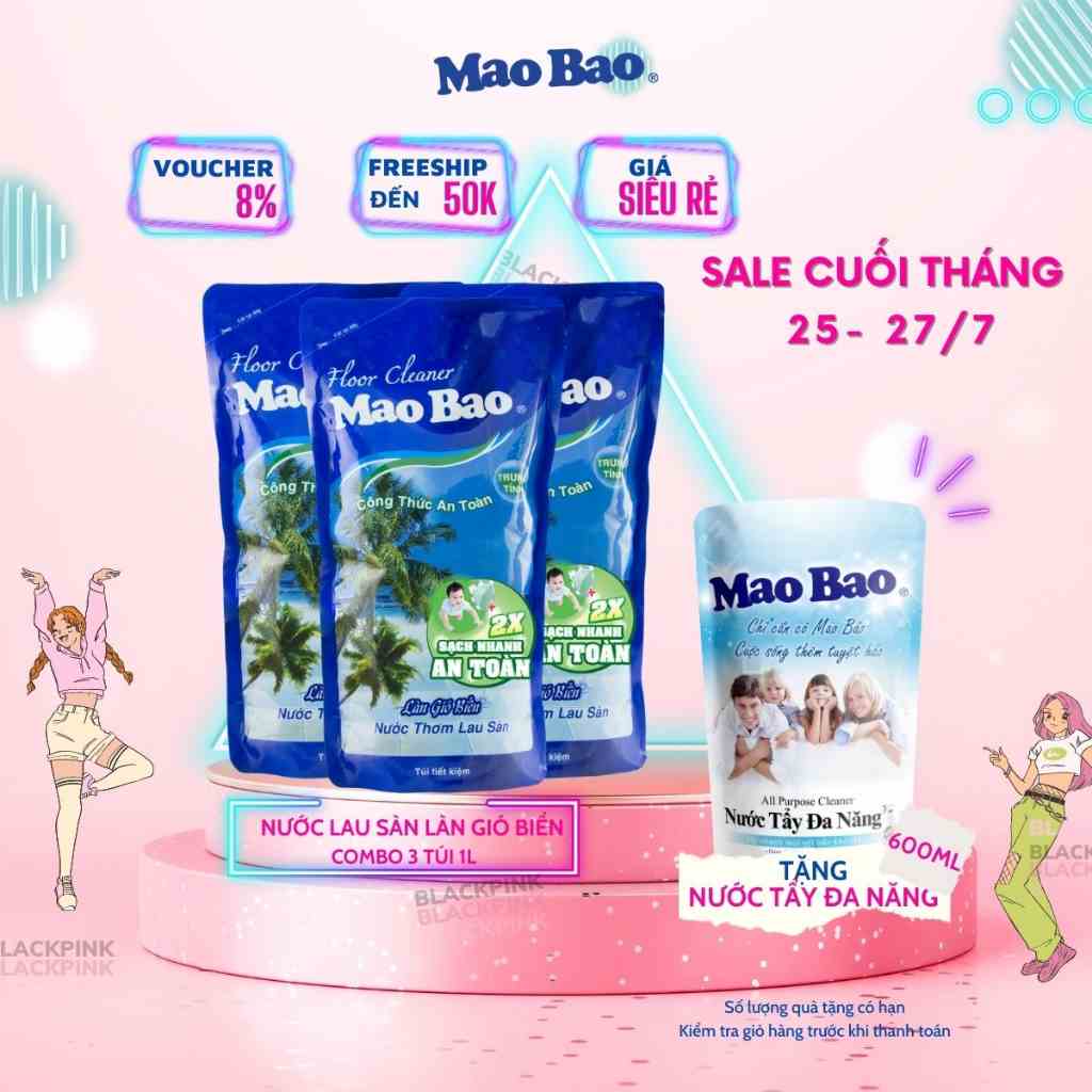 Combo 3 túi Nước lau sàn Mao Bao 1L Hương làn gió biển thanh mát, sạch nhanh sáng bóng, không rít chân, an toàn cho da