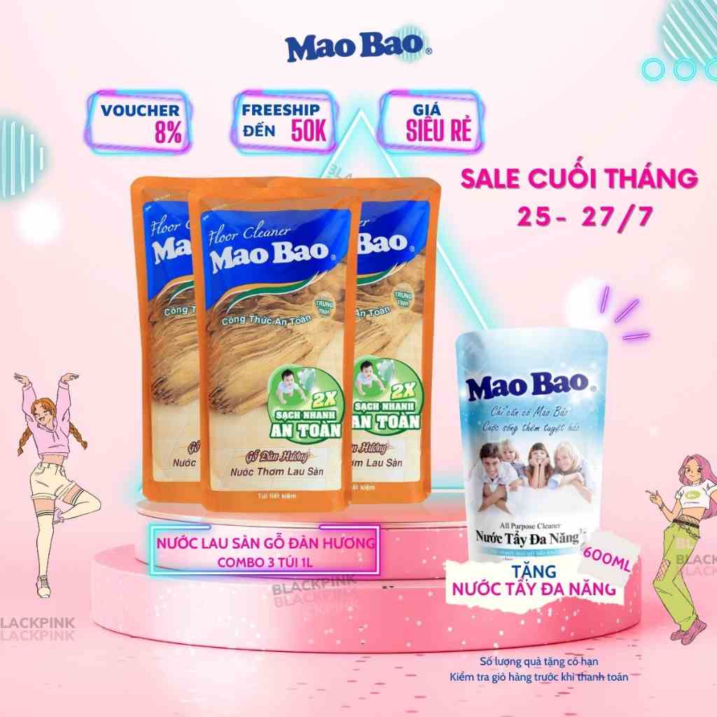 Combo 3 túi Nước lau sàn Mao Bao 1L Hương gỗ đàn hương nồng ấm, sạch nhanh sáng bóng, không rít chân, an toàn cho da