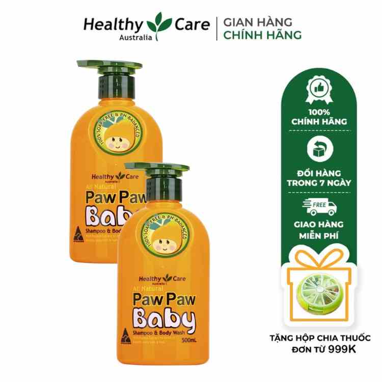 Combo 2 lọ Sữa tắm gội Healthy Care Paw Paw Baby cho bé lành tính chiết xuất đu đủ làm sạch da an toàn