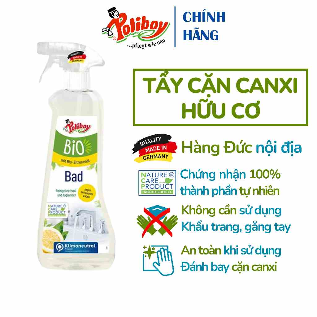 Xịt Tẩy Cặn Canxi, Cặn Vôi, Chống Ăn Mòn Inox Hữu Cơ POLIBOY Làm Sạch Vách Kính Tắm, Vòi Rửa, Vòi Sen 500ml