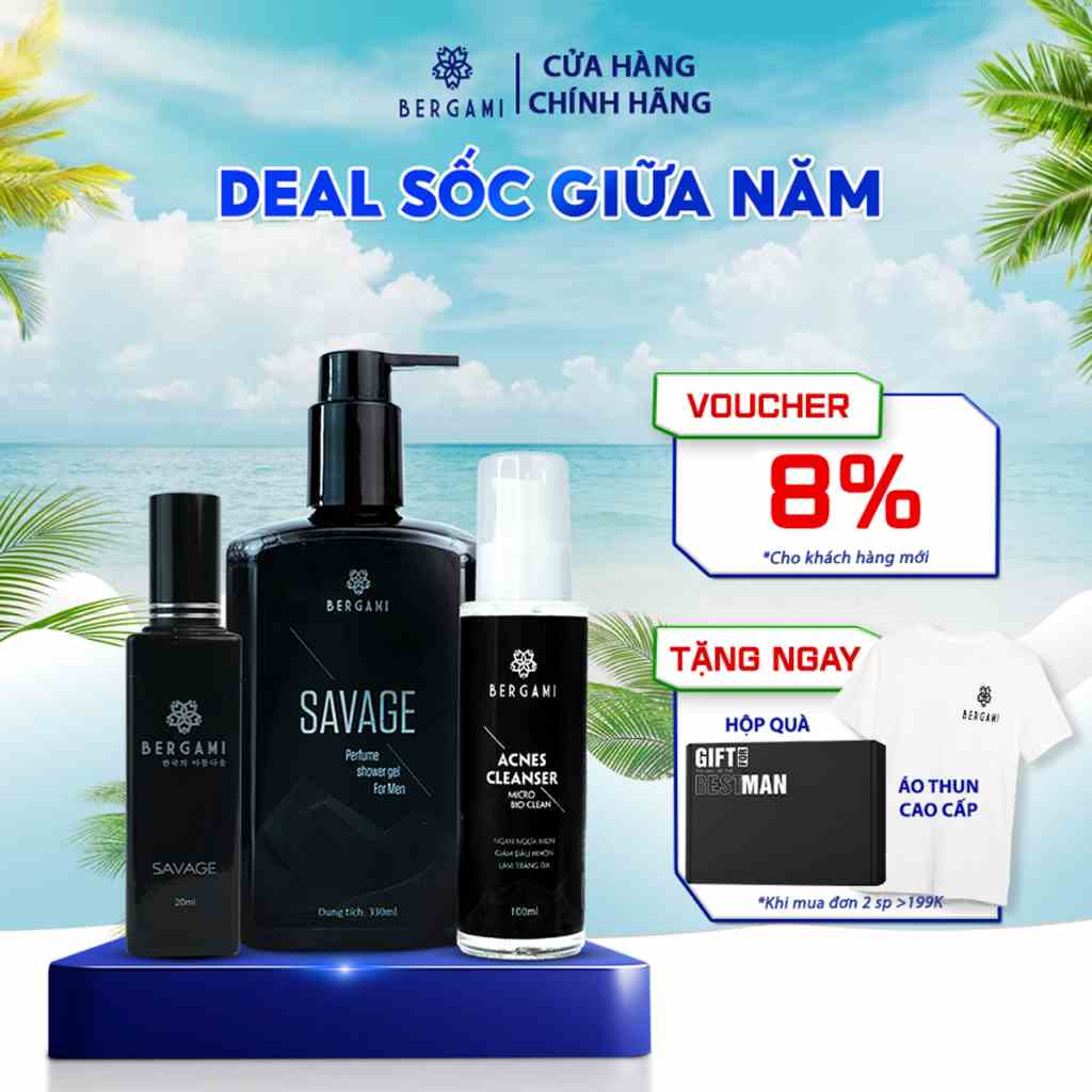 Combo Quà Tặng Nam Giới Bergami, Sữa Tắm Nước Hoa Nam 330ml & Nước Hoa Nam 35ml & Sữa Rửa Mặt Bùn Khoáng Nam 100ml