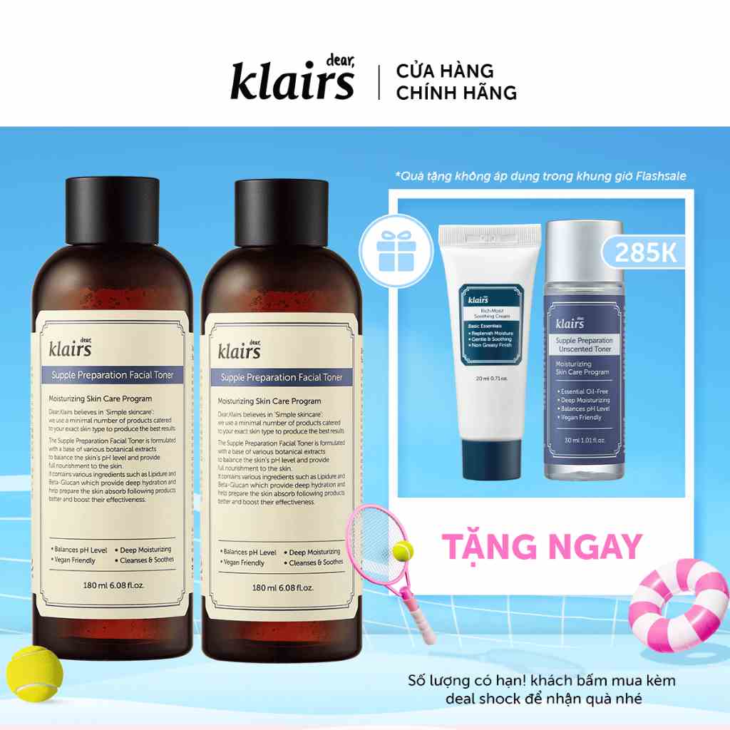 Combo 2 Nước hoa hồng Dear Klairs Supple Preparation Facial Toner 180ml/chai