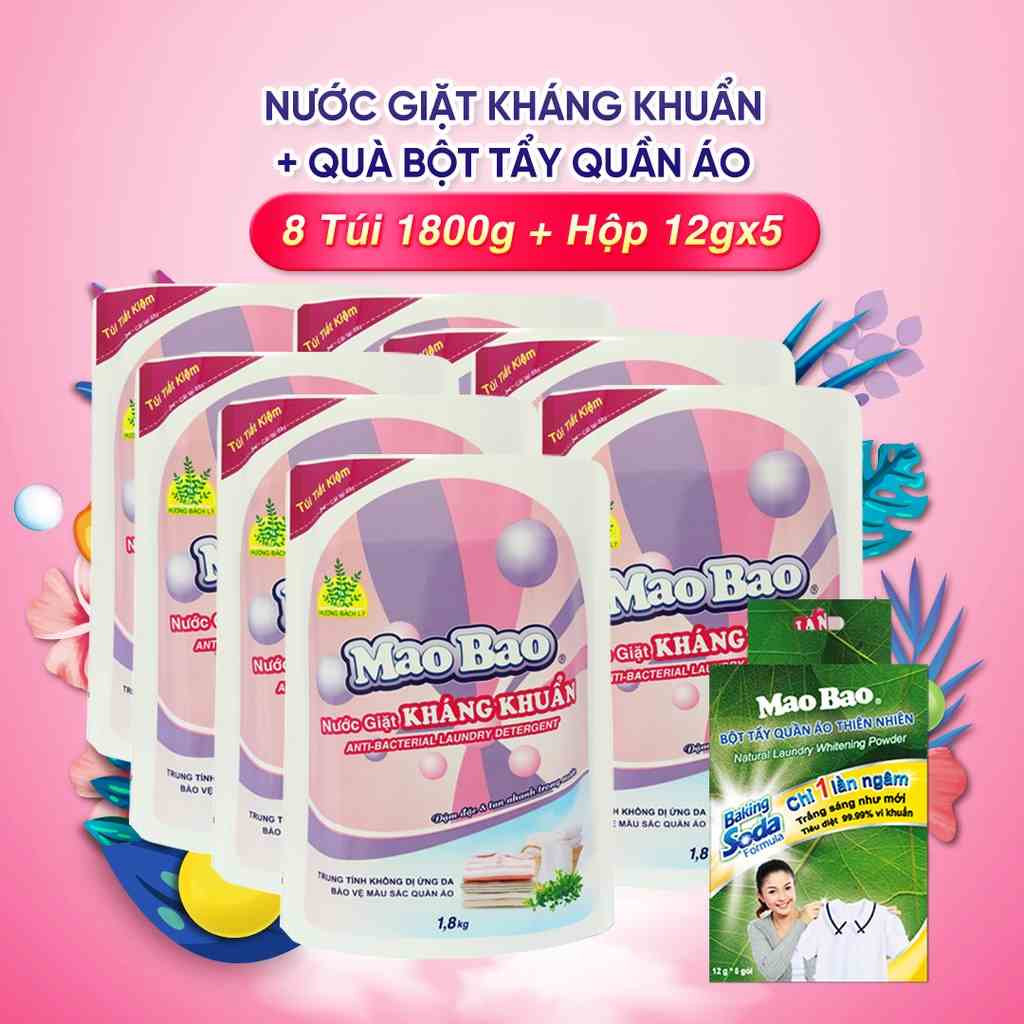 Combo 8 Túi Nước giặt Kháng Khuẩn Mao Bao 1800g + Tặng 1 hộp Bột Tẩy Quần Áo Thiên Nhiên Baking Soda 12g x 5 gói