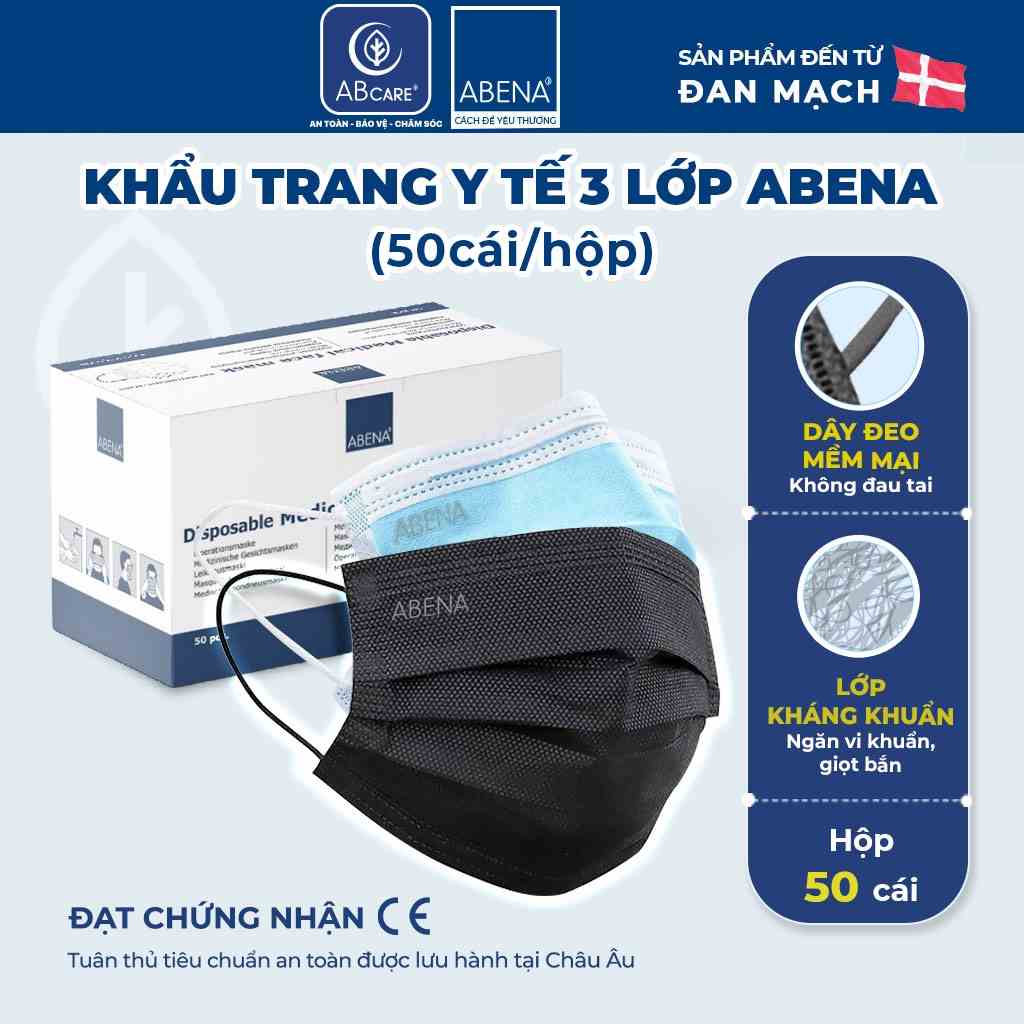 Khẩu trang y tế 3 lớp Abena kháng khuẩn mỏng nhẹ chống khói bụi vi khuẩn  (Hộp 50 cái)