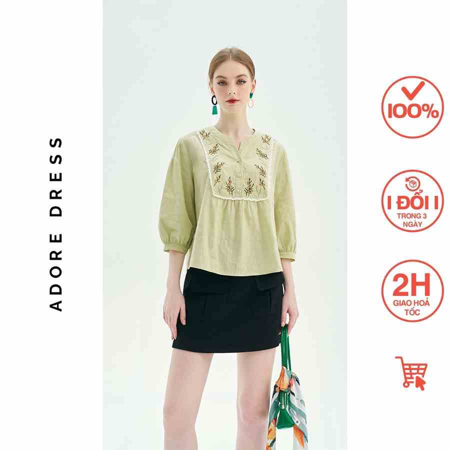 Áo sơ mi casual style thô olive green thêu cầu ngực 311TO1120 ADORE DRESS