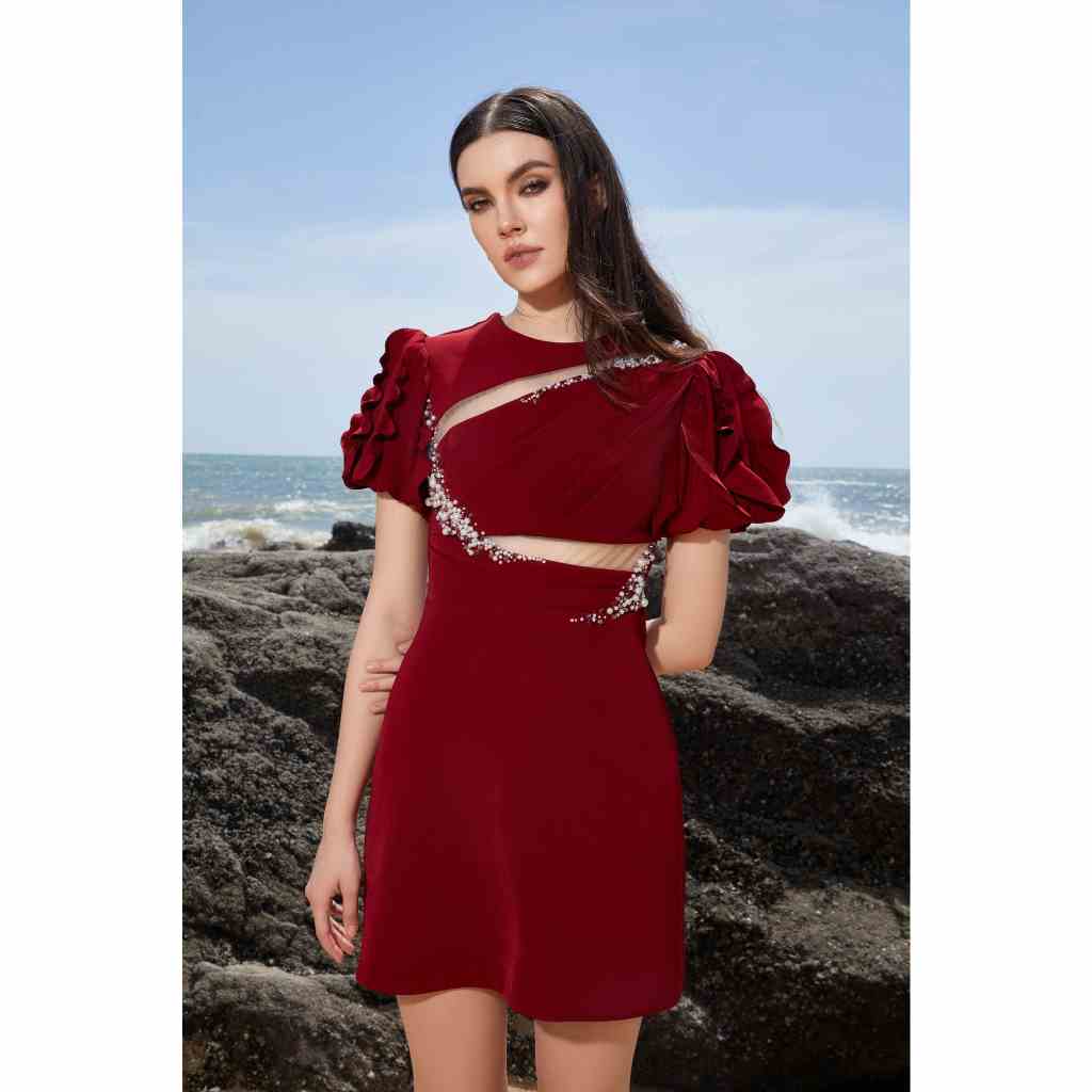 MAVEN - Váy cổ tròn tay phồng cách điệu đính kết Ruby Dress