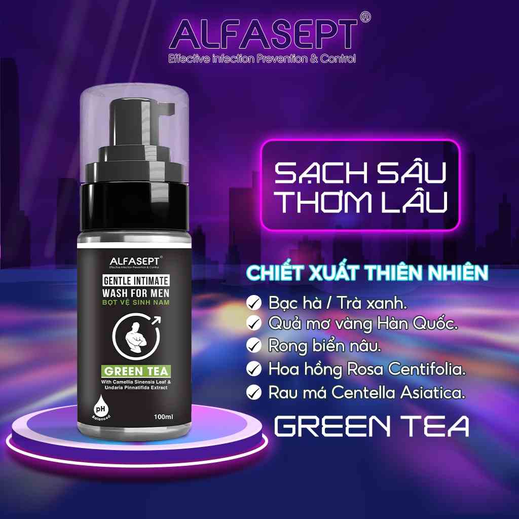 Dung Dịch Vệ Sinh Nam Tạo Bọt ALFASEPT Hương Nước Hoa Green Tea Tươi Mát Giúp Ngăn Ngừa Vi Khuẩn, Dưỡng Ẩm 100ml