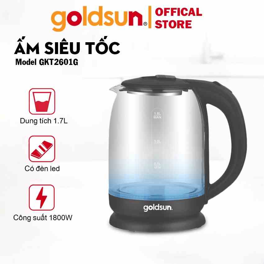 Ấm siêu tốc thủy tinh chịu nhiệt 1,7L 1800W đun sôi trong 3p - tự ngắt khi sôi Goldsun GKT2601G