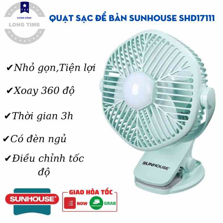 Quạt Mini Sunhouse Cầm Tay SHD7111 , Tích Điện , Kẹp bàn , Siêu nhỏ gọn , Sạc pin , Tiện lợi , cute , dễ thương