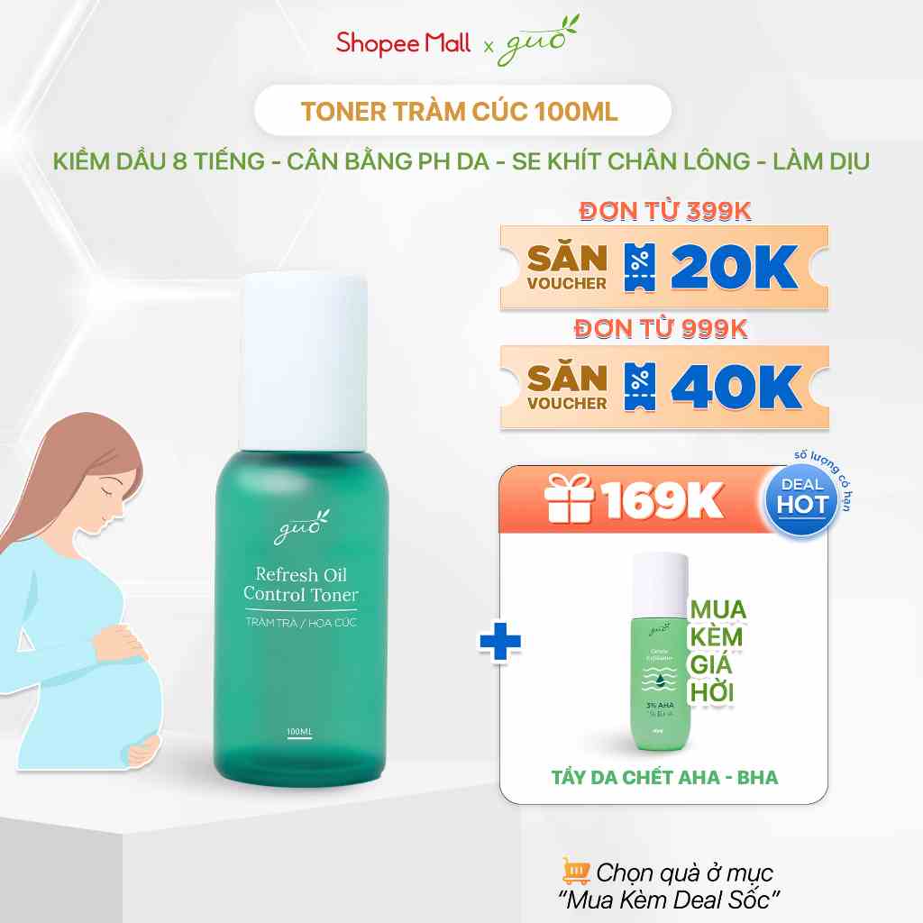 Nước hoa hồng an toàn cho bà bầu tràm GUO-100% không cồn, cấp ẩm kiềm dầu- bổ sung HA- Refresh Oil Control Toner 100ml